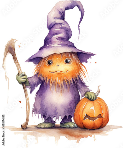 Fantasy Cute Spooky Orange Halloween Monster Creature, witch hat,character,children's book,maple leaves,pumpkin,rustic,adventure,smile,celebration photo