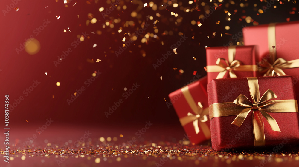 Festive Holiday Scene with Red and Gold Presents and Confetti Festive Holiday Scene with Red and Gold Presents and Confetti