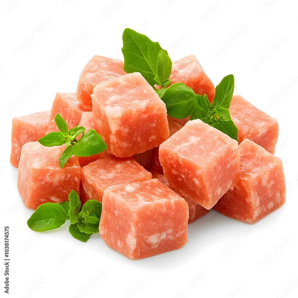 Macro Diced Boiled Sausage Cubes on White Background Macro Diced Boiled Sausage Cubes on White Background