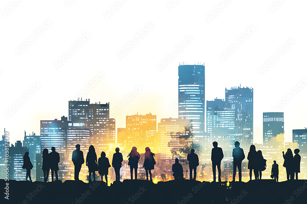 Silhouettes of people against a vibrant city skyline at dusk. Silhouettes of people against a vibrant city skyline at dusk.