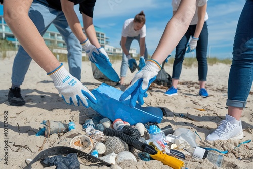 Group of volunteers wearing gloves, picking up plastic and trash from a beach to promote environmental conservation and reduce ocean pollution.