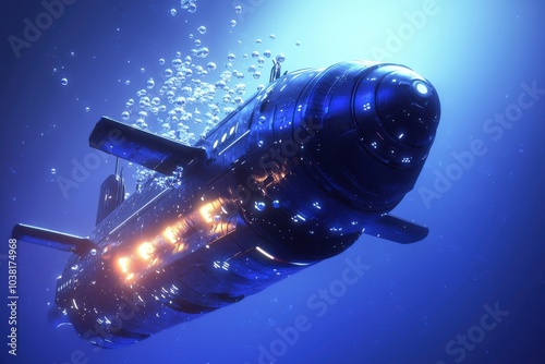 Wallpaper Mural A futuristic submarine gliding through deep water, surrounded by bubbles, showcasing advanced underwater exploration technology. Torontodigital.ca