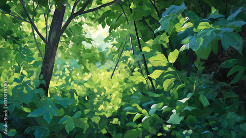 Sunlight filtering through a dense forest canopy, creating dappled shadows.