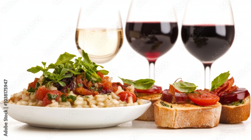 Elegant Dinner Concept with Wine, Bruschetta, and Risotto Garnished with Fresh Herbs on a White Background Elegant Dinner Concept with Wine, Bruschetta, and Risotto Garnished with Fresh Herbs on a White Background