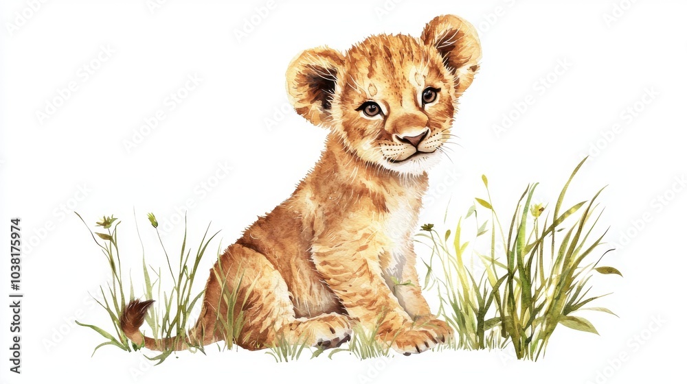 Obraz premium Adorable baby lion cub sitting in a grassy field, showcasing its playful and curious nature with vibrant colors.