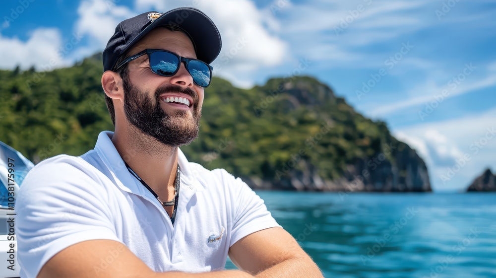 Male Charter Captain Leading Tourists Through a Scenic Bay Adventure on a Beautiful Day Male Charter Captain Leading Tourists Through a Scenic Bay Adventure on a Beautiful Day
