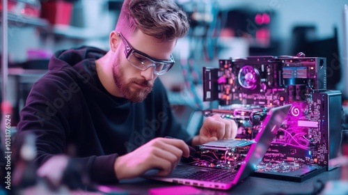 Dedicated Male Computer Repair Technician Skillfully Fixing Laptops in a Small Repair Shop Completely Focused on His Work