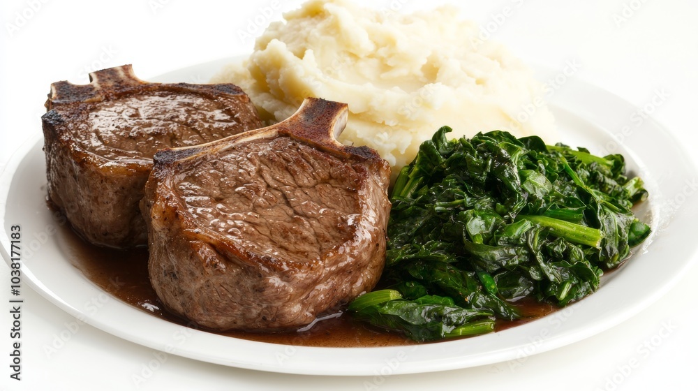 Delicious Dinner Plate with Juicy Lamb Chops, Creamy Mashed Potatoes, and Sautéed Spinach Delicious Dinner Plate with Juicy Lamb Chops, Creamy Mashed Potatoes, and Sautéed Spinach