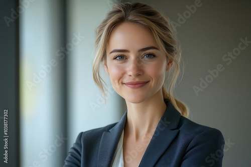 Confident Blonde Businesswoman in White Shirt and Blazer