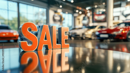 Letters SALE on blurred background of cars in car showroom