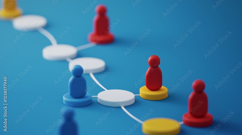 Customer Journey Concept with Colorful Game Pieces on Blue Background Representing Steps and Stages in Customer Experience Customer Journey Concept with Colorful Game Pieces on Blue Background Representing Steps and Stages in Customer Experience