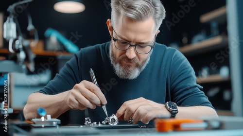 Master Gem Cutter Perfecting a Precious Stone in a Brightly Lit Workshop with Precision Tools photo