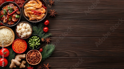 A vibrant spread of fresh ingredients including seafood, vegetables, and spices arranged on a rustic wooden table.