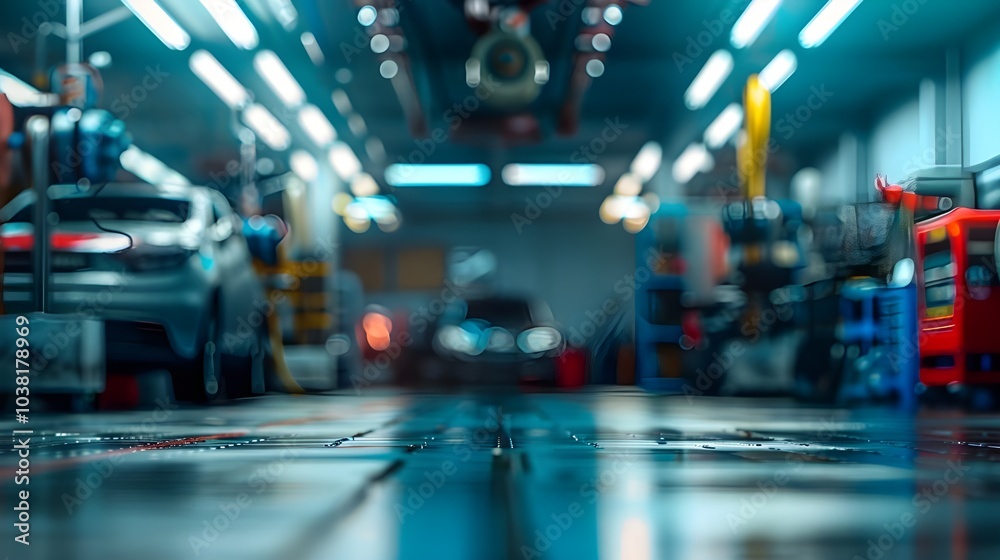blurred panoramic background of an auto repair workshop and service center blurred panoramic background of an auto repair workshop and service center