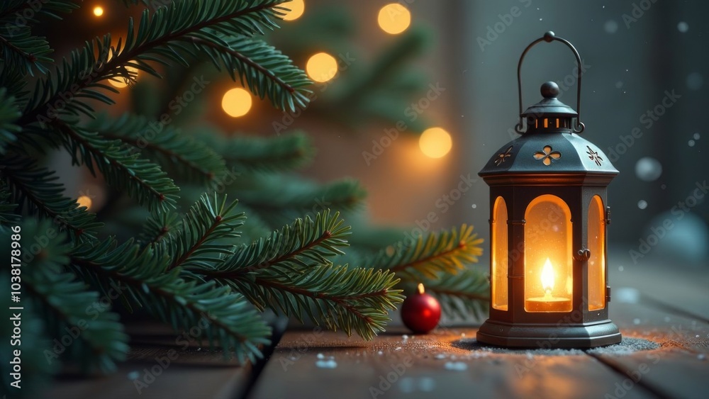 Merry Christmas! Lantern with candles and Christmas tree on a wooden background. Space for text and advertising