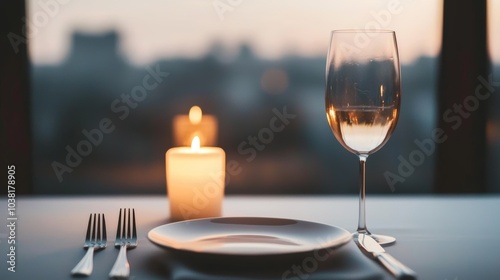 Elegant Dinner Setting with Candlelight and Wine Glass in a Modern Restaurant at Sunset