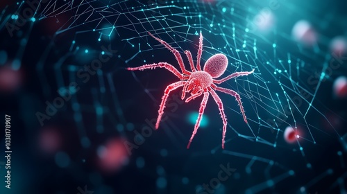 Detailed close-up of a spider on a web with vibrant colors. photo