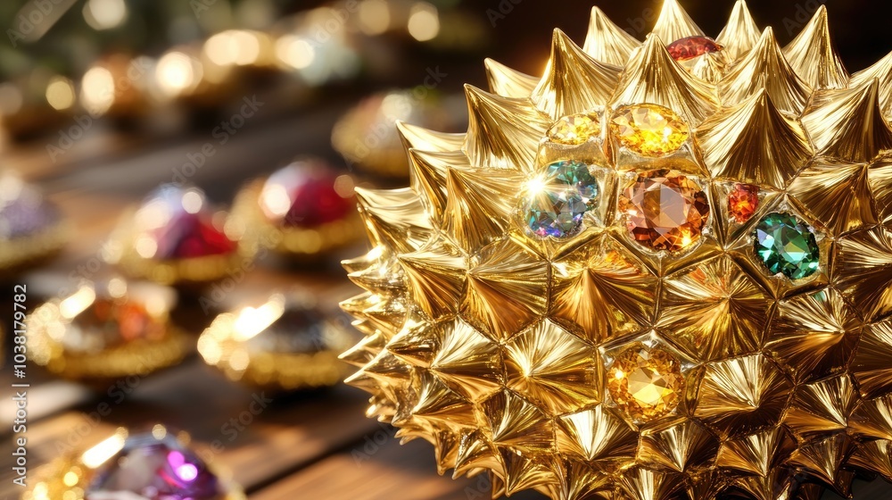 Naklejka premium A luxurious graphic of a gold durian with sparkling gemstone thorns, each thorn radiating a different color, symbolizing wealth and opulence