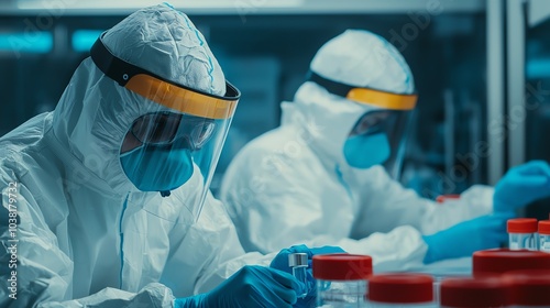Researchers in micrological lab developing biosafety protocols top view Focusing on containment measures in highrisk labs Futuristic tone Analogous Color Scheme