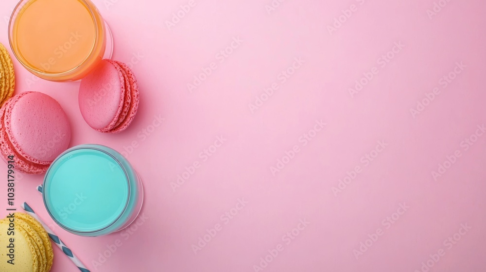 Colorful Party Macarons and Drinks on Pink Background with Copy Space Colorful Party Macarons and Drinks on Pink Background with Copy Space
