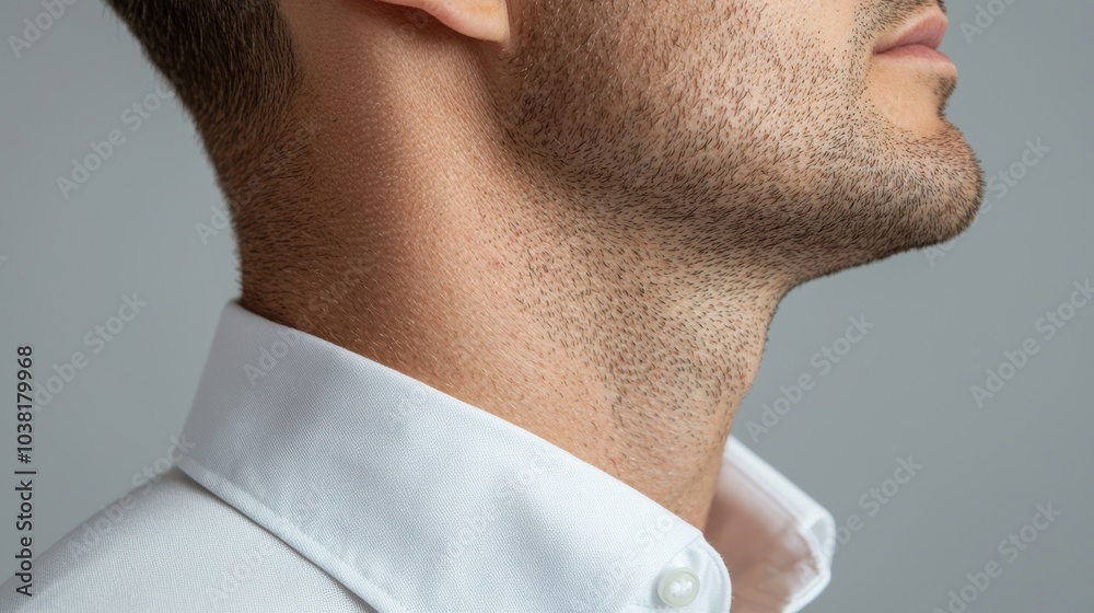 Fototapeta premium Close-Up of Male Neck with Skin Condition and Stubble Wearing a White Shirt on a Gray Background