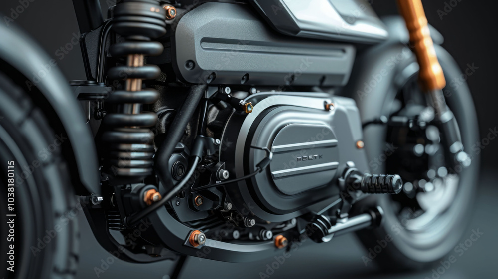 Detailed view of motor unit on electric scooter, showcasing intricate design and engineering. sleek lines and metallic finish highlight modern technology and innovation Detailed view of motor unit on electric scooter, showcasing intricate design and engineering. sleek lines and metallic finish highlight modern technology and innovation