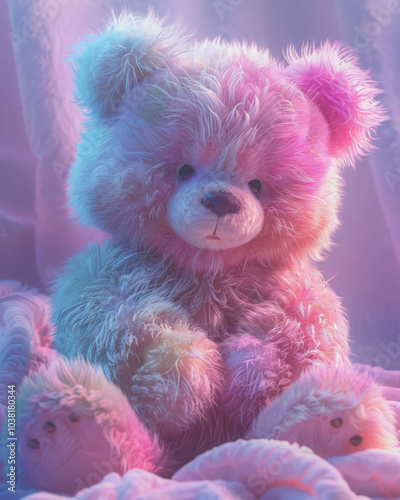 Fluffy bear with pastel colors, exuding moody and cinematic vibe, perfect for evoking feelings of nostalgia and warmth. This adorable plush toy is delightful addition to any collection