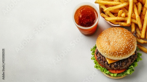Delicious Cheeseburger with Fries and Soda on Light Background - Perfect for Fast Food Concepts