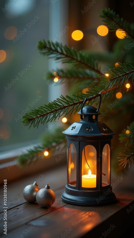 Merry Christmas! Lantern with candles and Christmas tree on a wooden background. Space for text and advertising Merry Christmas! Lantern with candles and Christmas tree on a wooden background. Space for text and advertising