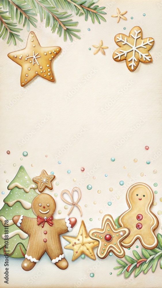 Fototapeta premium Gingerbread cookies and Christmas decorations, festive mood, holiday theme on light background with copy space