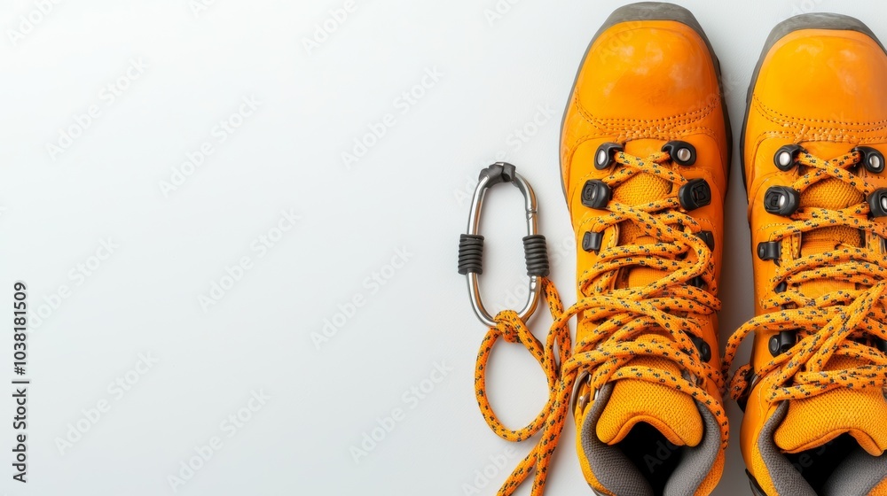 Bright Orange Hiking Boots and Carabiner for Adventure, Camping, and Climbing Enthusiasts Bright Orange Hiking Boots and Carabiner for Adventure, Camping, and Climbing Enthusiasts