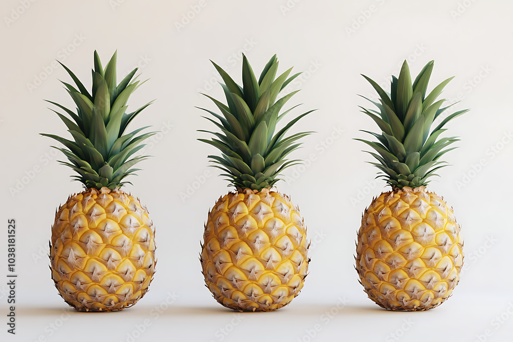 Three pineapples arranged in a row against a light background. Three pineapples arranged in a row against a light background.