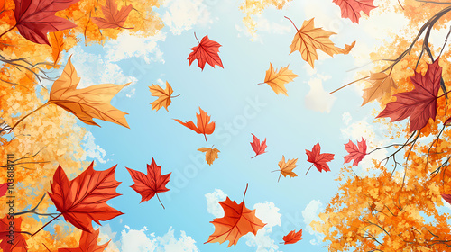 falling maple autumn leaves drawing illustration background, fall seasonal wallpaper