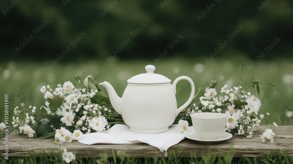 A cozy scene featuring a white teapot and cup of tea on a table, surrounded by a saucer and spoon, perfect for breakfast or a relaxing moment A cozy scene featuring a white teapot and cup of tea on a table, surrounded by a saucer and spoon, perfect for breakfast or a relaxing moment