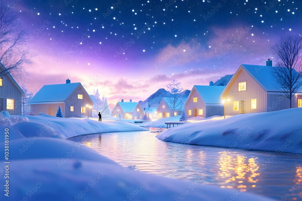 Fototapeta premium In the snow, there is an outdoor river in front of several houses with lights on at night. A person stands by it and is fishing. The sky above them is filled with stars, creating a beautiful winter