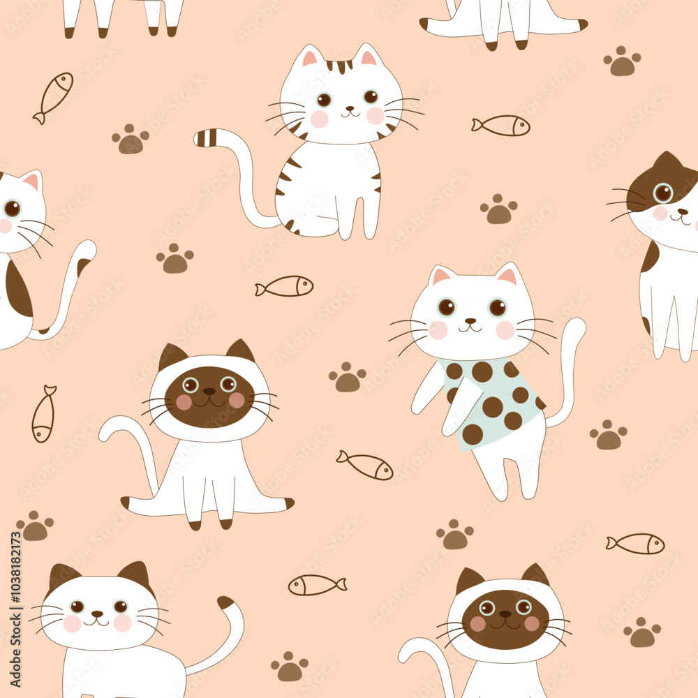 Obraz premium cat , fish and cat paw seamless pattern , vector , illustration 