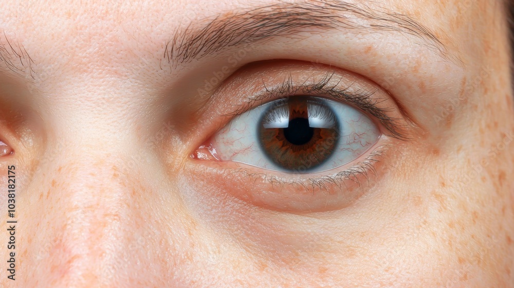 Fototapeta premium Close-Up of Human Eye with Visible Skin Conditions and Freckles Around the Eye Area