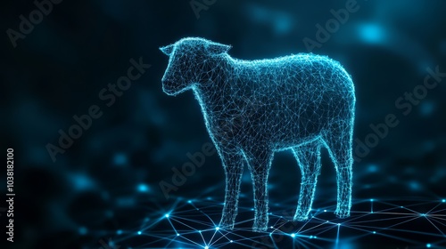 Digital sheep hologram, glowing blue lines on dark background.