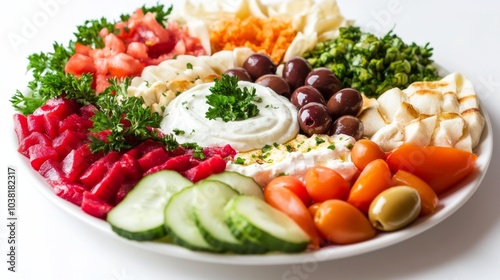 Fresh Mezze Platter with Yogurt Dip and Olives