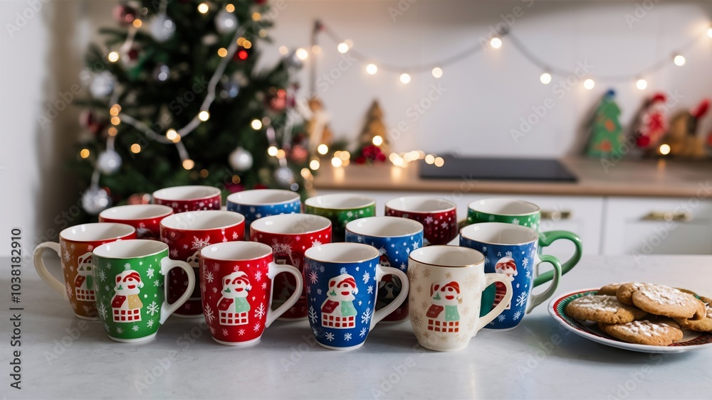 Festive Holiday Mugs on Kitchen Countertop with Christmas Tree Festive Holiday Mugs on Kitchen Countertop with Christmas Tree