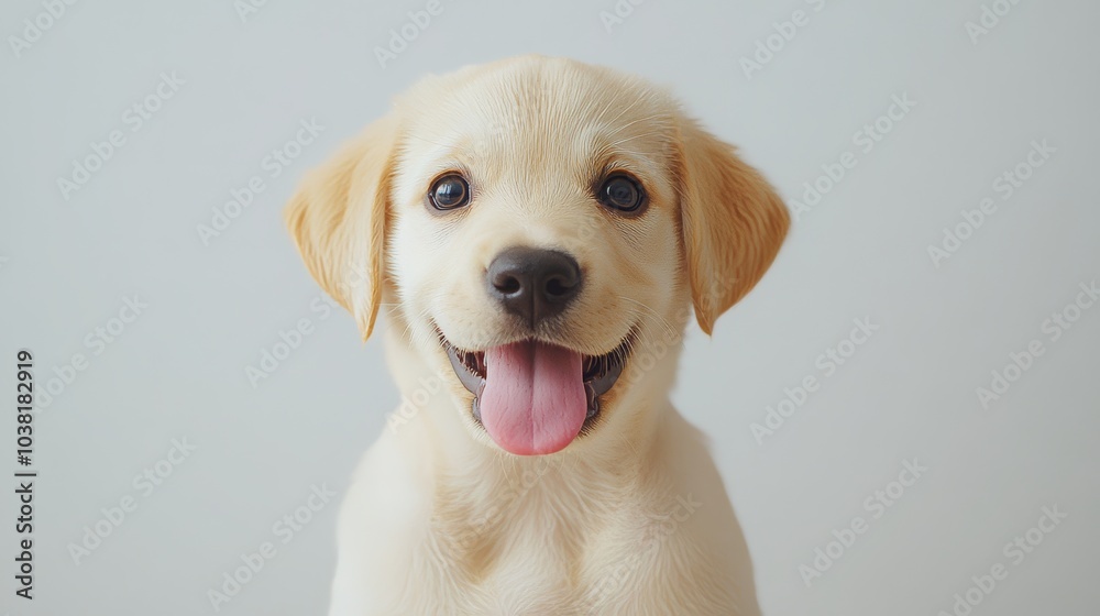 Yellow-furred puppy with bright eyes and tongue out, sitting against a white background. Yellow-furred puppy with bright eyes and tongue out, sitting against a white background.