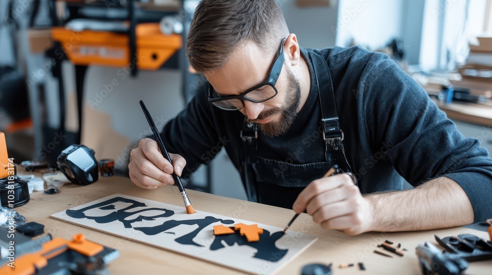 Fototapeta premium Crafting Custom Signs A Male Sign Maker at Work in a Workshop Filled with Stencils Brushes and Wooden Boards