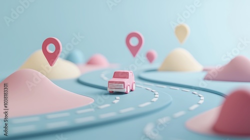 Illustration of Customer Journey Concept with 3D Car and Location Pins on a Winding Road