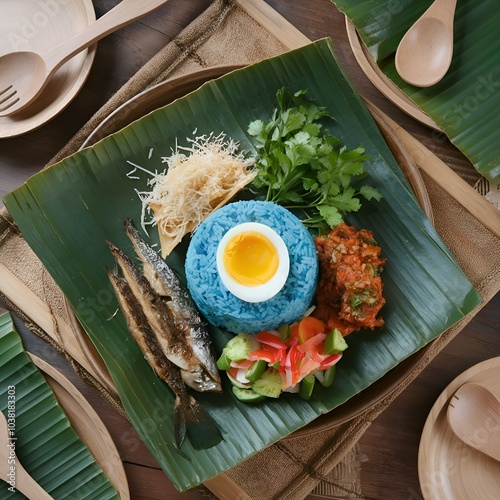 top-down view of a beautifully arranged Nasi Kerabu dish, featuring vibrant blue rice served on a banana leaf. The dish should include all traditional accompaniments: grilled fish, salted egg photo