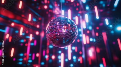 A vibrant disco ball lights up a nightclub scene, enhancing the party atmosphere photo