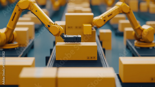 Automated warehouse system with robotic arms sorting packages, high-tech efficiency