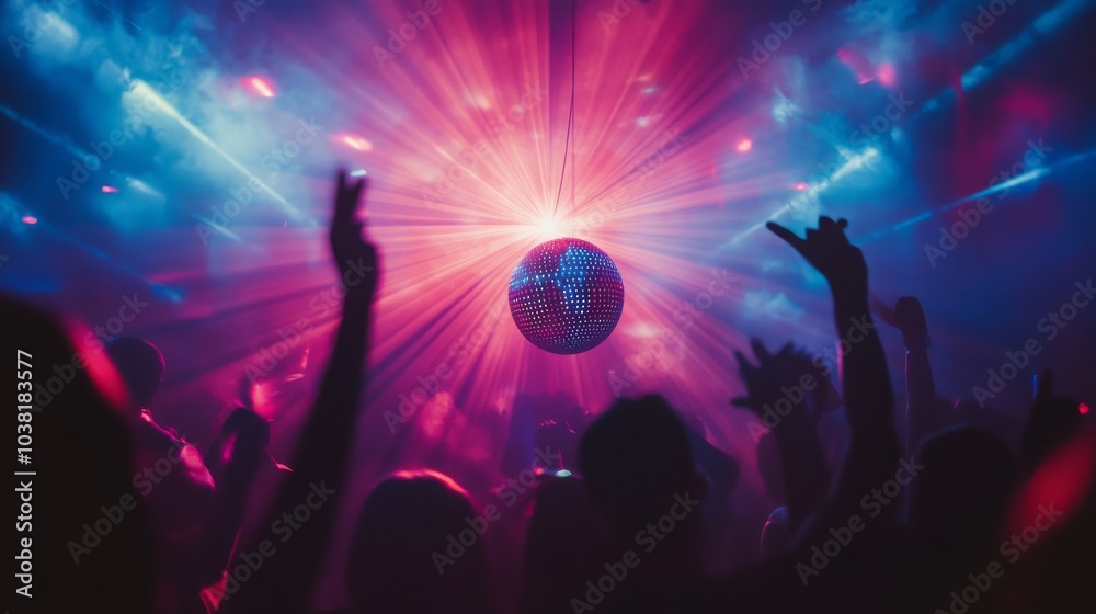 Obraz premium A vibrant disco ball lights up a nightclub scene, enhancing the party atmosphere