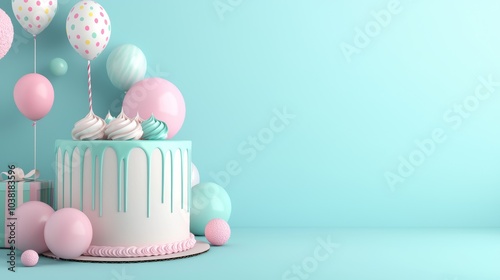 Elegant Party Cake with Colorful Balloons and Pastel Decorations on Light Blue Background