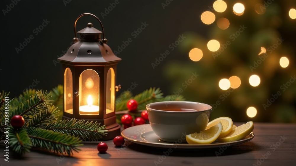 Fototapeta premium Merry Christmas! Lantern with candles, Christmas tree and a cup of hot drink on a wooden background. Space for text and advertising