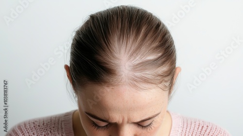 Close-up of Woman's Scalp Showing Hair Loss and Thinning Hair Due to Skin Condition or Alopecia photo